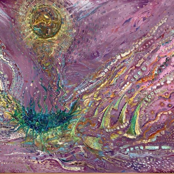 Lluvia de lava violeta, 2018. Óleo y cera sobre lienzo. 158 x 100 cm.