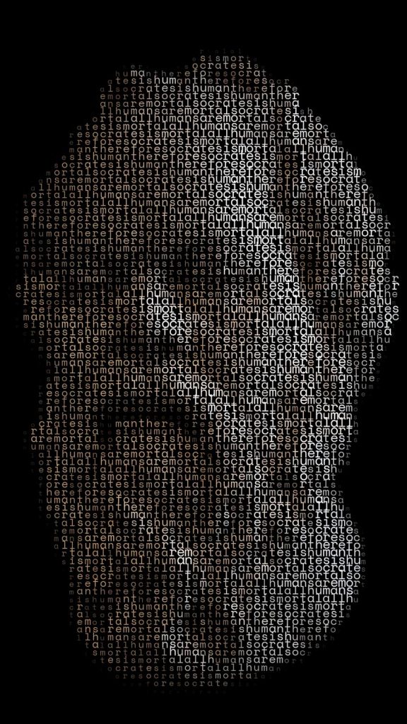 Sócrates. Cita: "All humans are mortal Socrates is human therefore Socrates is mortal." Kevin Beovides Casas. ASCII art. 15'' x 23''