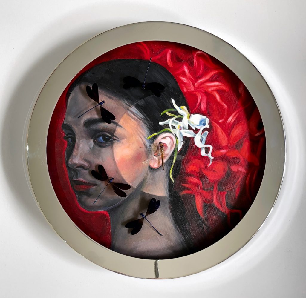 "The Whisper" 2021. 18” Diameter x 2” Deep Oil on canvas & taxidermied insects.