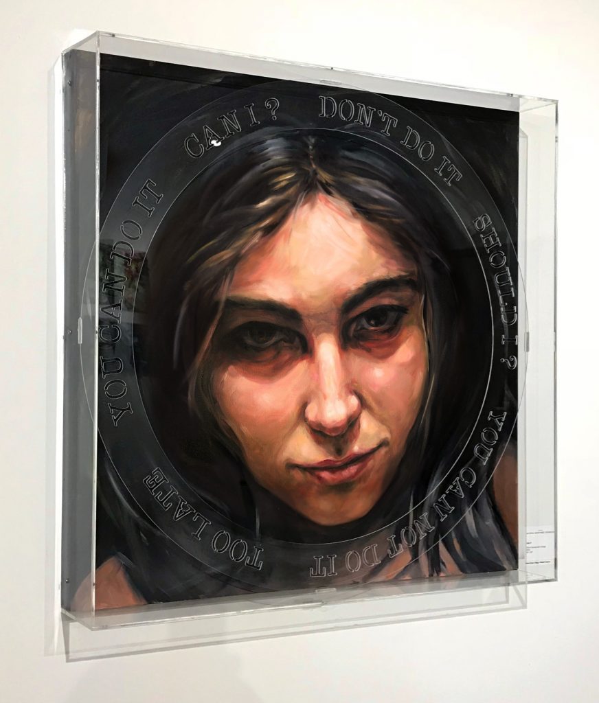 "Can I" 2018, 36" H x 36’ L x 8” Deep, Oil on canvas on cut out acrylic box.
